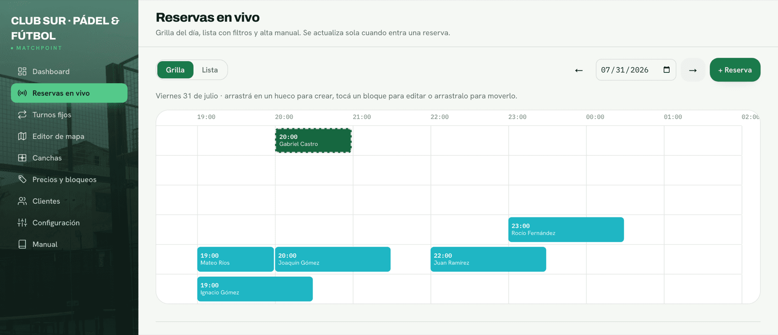 Panel de MATCHPOINT: grilla del día con las reservas de cada cancha hora por hora